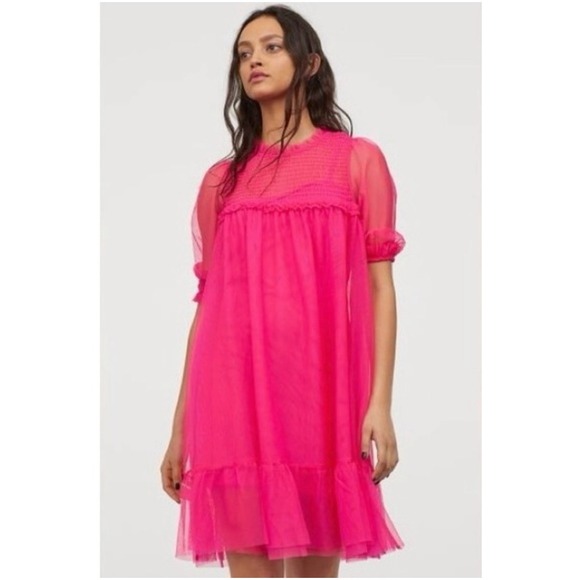H&M Collab All The Boys Dress Sz S Hot Pink Sheer Mesh Ruffle Mini Y2K Coquette - Picture 1 of 9